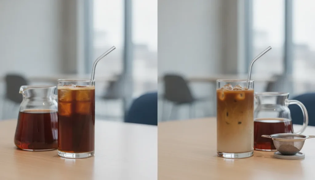 Cold brew coffee vs iced coffee side by side in glasses with ice.