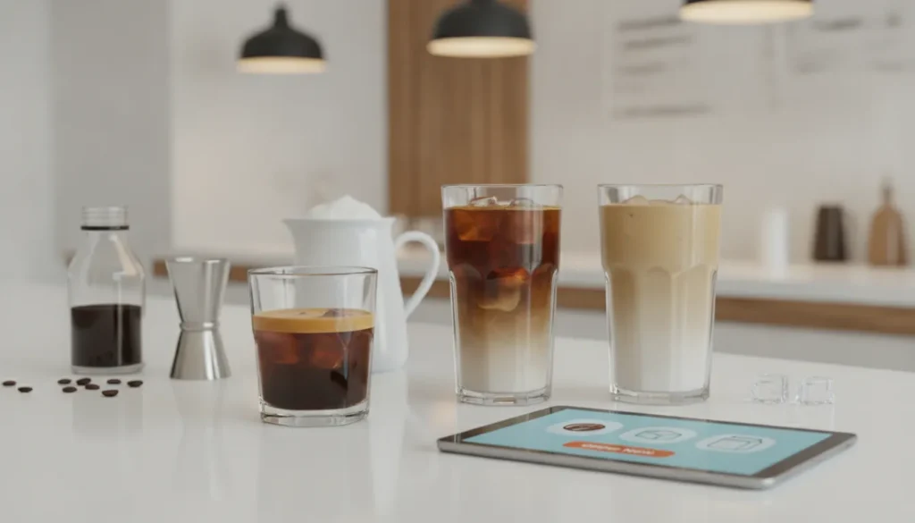 Online iced espresso drink menu with customizable shots, ice, and milk options.