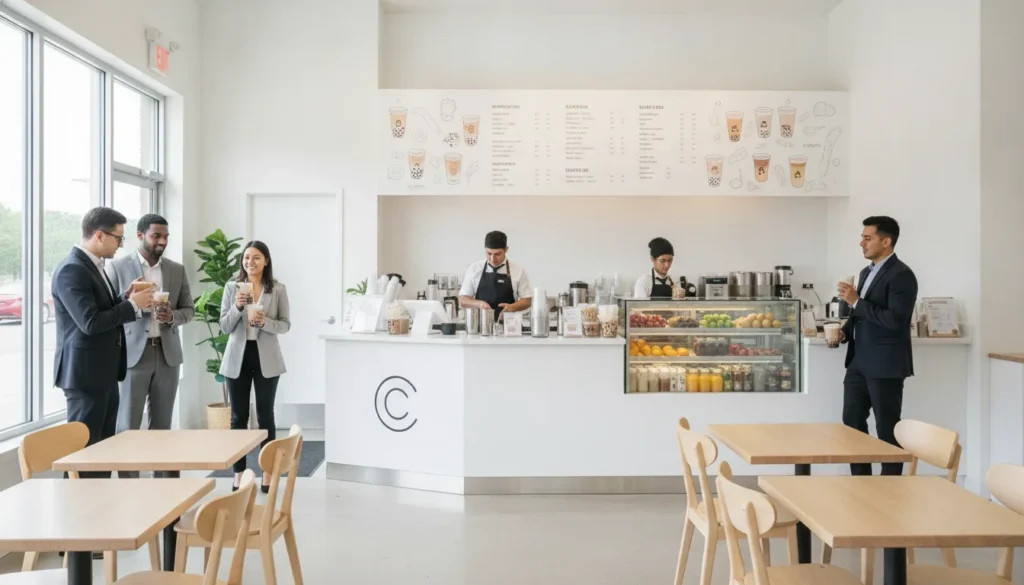 Customers enjoy boba tea as staff prepare drinks at a modern boba tea shop in Coppell, TX.