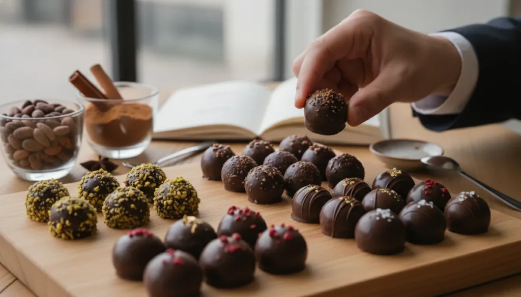 Hand choosing gourmet chocolate truffles from a variety on a wooden board.