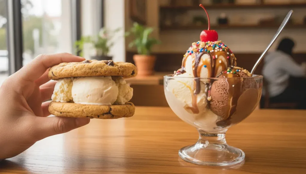Ice cream sandwich and sundae compared on a cafe table