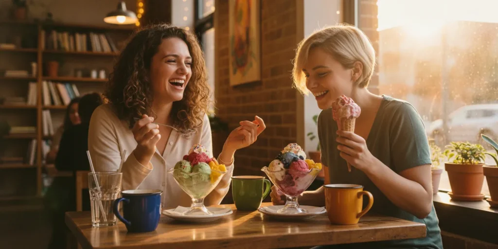 Friends sharing ice cream desserts at a neighborhood caf&eacute; table