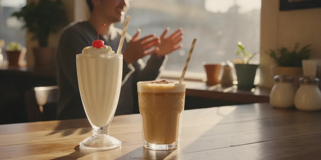 Malt vs milkshake comparison showing one malt and one classic milkshake on a cafe counter