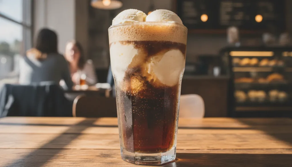 Classic root beer float with vanilla ice cream in a chilled glass